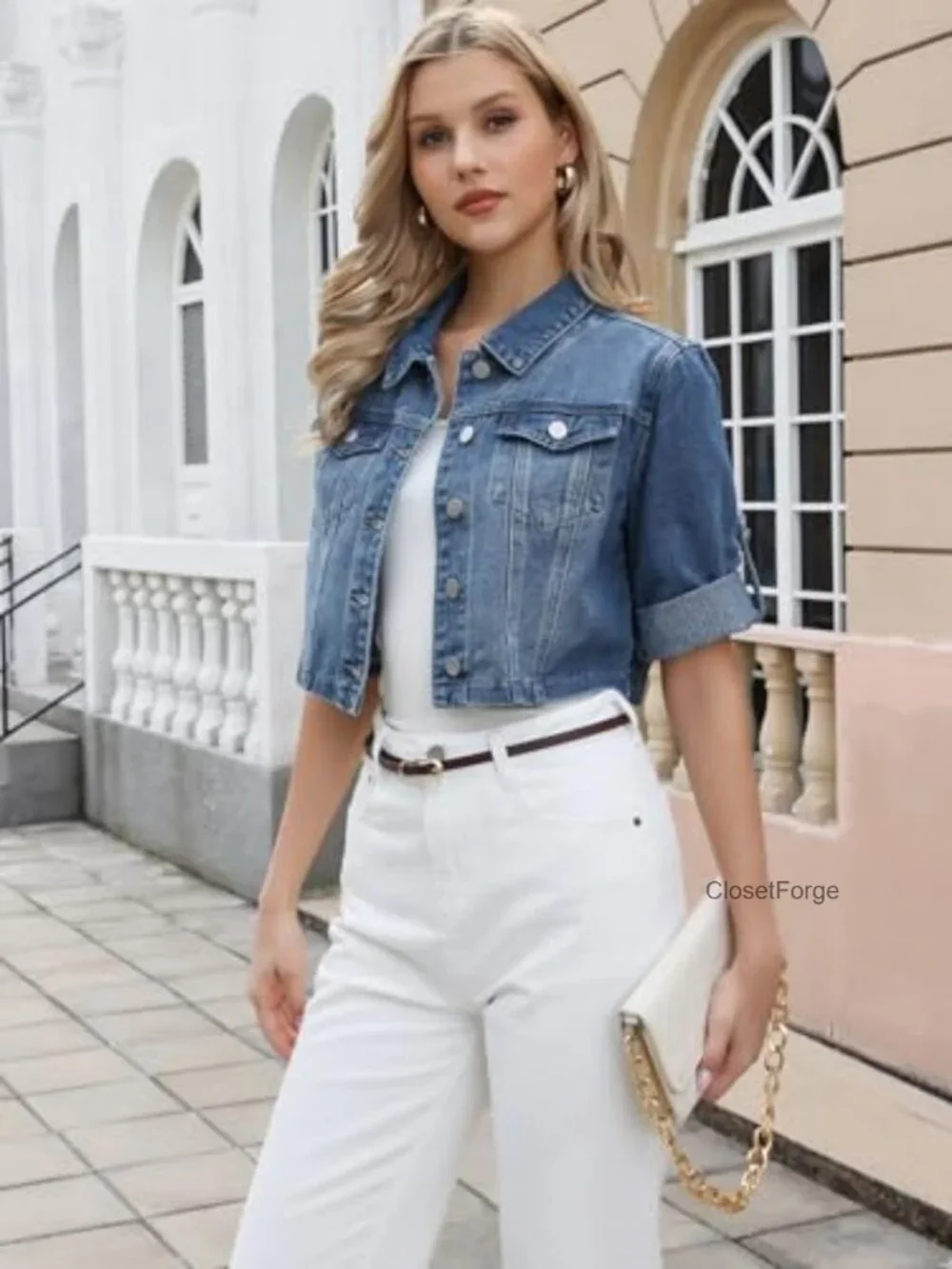 Cropped Denim Jacket with Rolled Sleeves Button Down 3/4 Sleeve